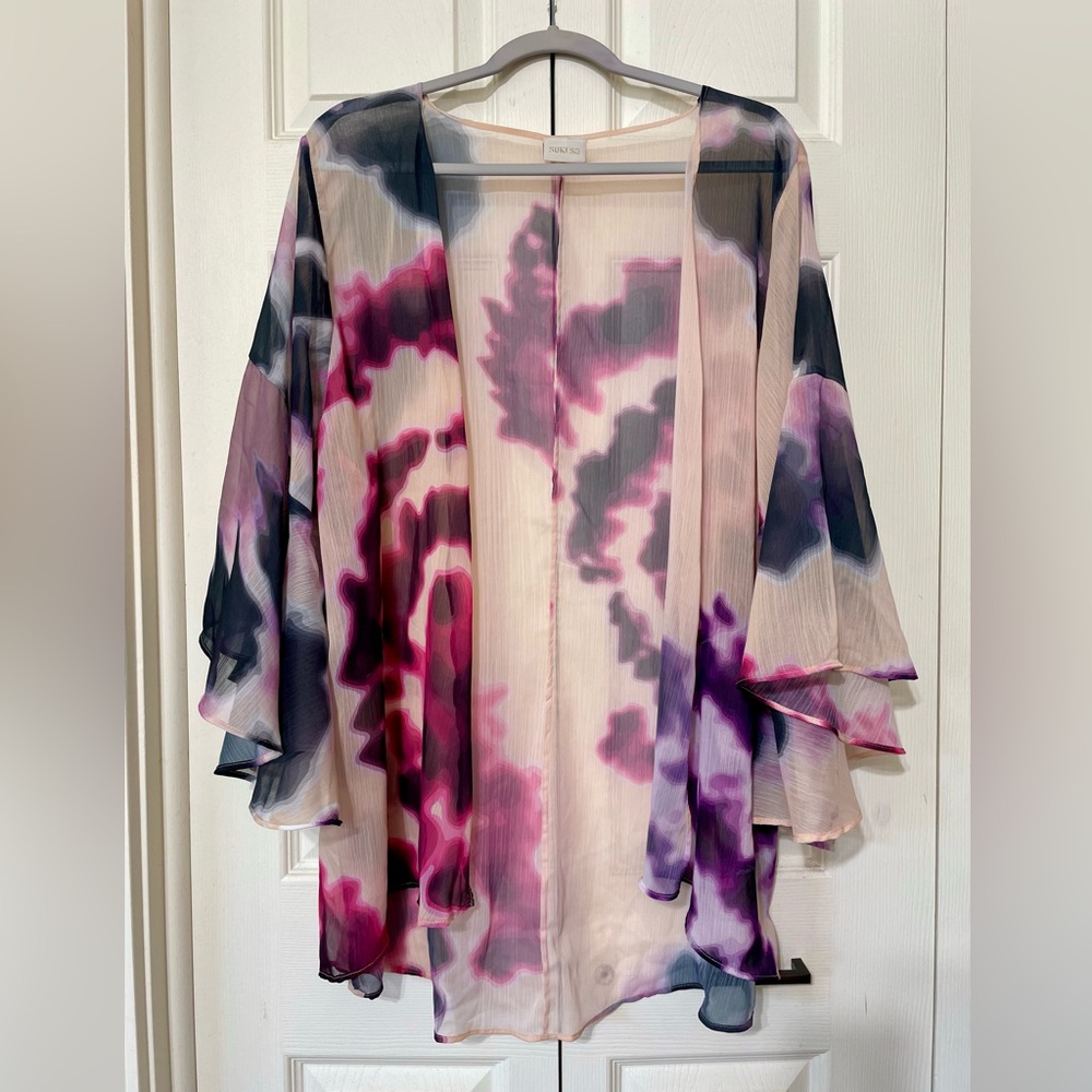 Boho Sheer Kimono Cardigan Tie Dye Bell Sleeve Chiffon Cover Up Open Front L/XL - Picture 6 of 15